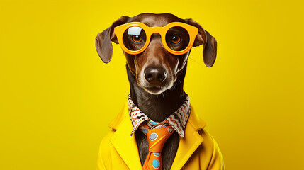 dog wearing a bright colorful blazer and glasses  on yellow background - Powered by Adobe