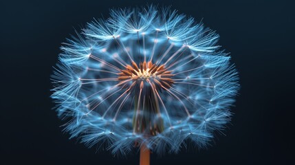 Glowing dandelion seed head on dark blue background