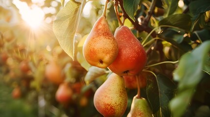 Vibrant ripe pears hanging on a tree in golden sunlight. Fresh fruit harvest time. Organic food and healthy lifestyle concept. Natural orchard scene. AI