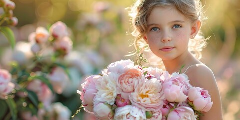 Little girl holding bouquet of peonies
