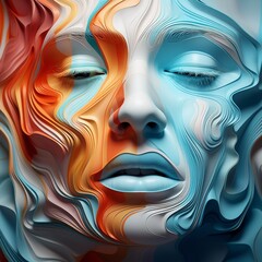 Surreal, distorted face close-up, gradient pastel background, gentle lighting, central focus, serene demeanor, blending Cubisms fragmented perspectives with vibrantemotive colors