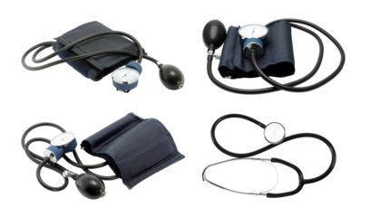 Set of Blood Pressure Measuring Equipment, isolated on transparent background, medical concepts