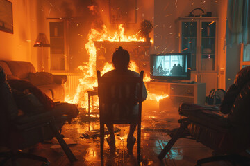 A person sitting calmly in a chair in a room caught on fire. A meme scene depicting someone not caring about the destruction of surroundings.	
