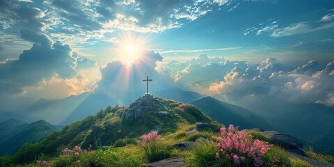 Crucifix at the top of a Mountain with Sunlight Breaking through the Clouds. Inspirational Christian Image.