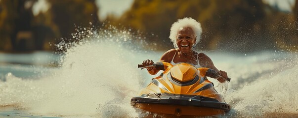 Black Grandma racing on lake water riding a jet ski and having fun. Elderly African American woman.