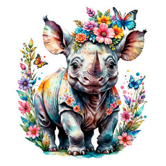 rhino Sticker Colorful rhino Bliss A Bouquet of Joy Surrounds the Cartoon rhino Sticker on Transparent Background, Adorned with Vibrant Flowers and Rainbow Butterflies - Generative AI
