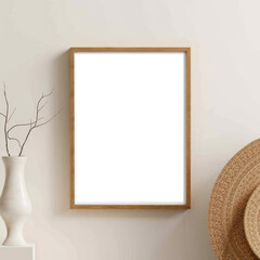  picture frame mockup on white wall. White living room design. View of modern scandinavian style interior with artwork mock up on wall. Home staging and minimalism concept

