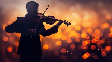 Fototapeta premium Violin player in silhouette against a sparkling golden bokeh light backdrop