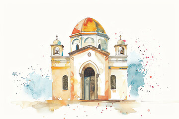 Minimalistic watercolor of a Synagogue on a white background, cute and comical.