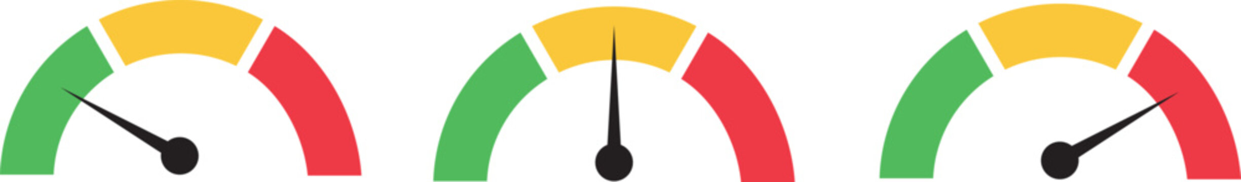 Risk meter icon set. Scale Low, Medium or High risk on speedometer, Set of gauges from low to high. Vector illustration.