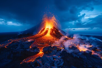 A fiery volcano on the brink of eruption, with lava flows lighting up the night - obrazy, fototapety, plakaty