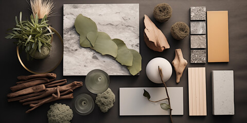 Variety of sustainable materials in neutral tones Moodboard of material samples concept