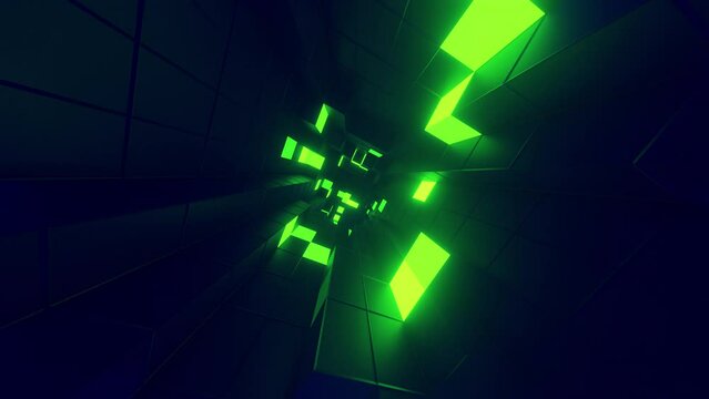 3d tunnel spinning smooth green blocks grid, seamless loop
