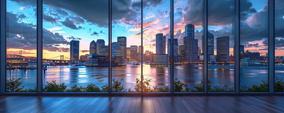 Fototapeta Boston city skyline Modern Seaport District video window view