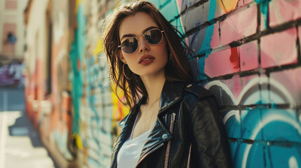 Fototapeta premium Stylish Urban Woman Wearing Leather Jacket and Sunglasses