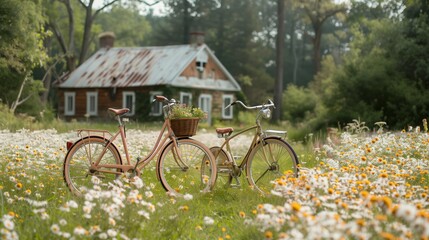 Fototapeta premium Rustic Charm: Bicycles and Wildflowers, generative ai