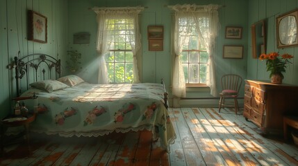 Rustic Charm: Vintage Bedroom with Wooden Floor, generative ai