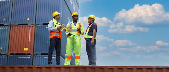 professional Inspectors,worker Inspecting the Containers at the Port. Foreman checking inventory or...