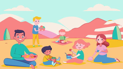 Family Picnic in Mountain Landscape - Cheerful Outdoor Gathering