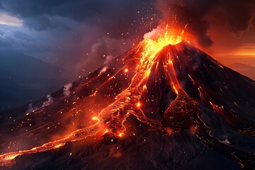 A fiery volcano on the brink of eruption, with lava flows lighting up the night