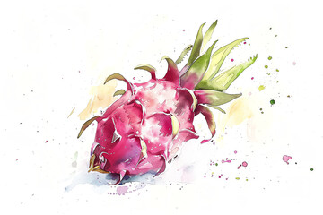 Minimalistic watercolor of a Dragonfruit on a white background, cute and comical.
