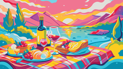Colorful Picnic Spread with Wine and Desserts by the Lake