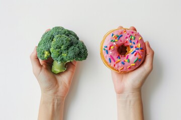 A person holding broccoli in one hand and a pink donut