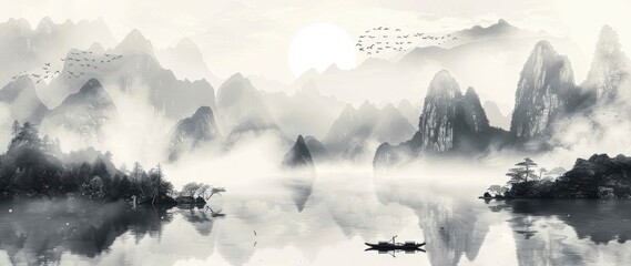 ink painting depicts misty mountains and rivers, with a boat in the distance on the water - obrazy, fototapety, plakaty