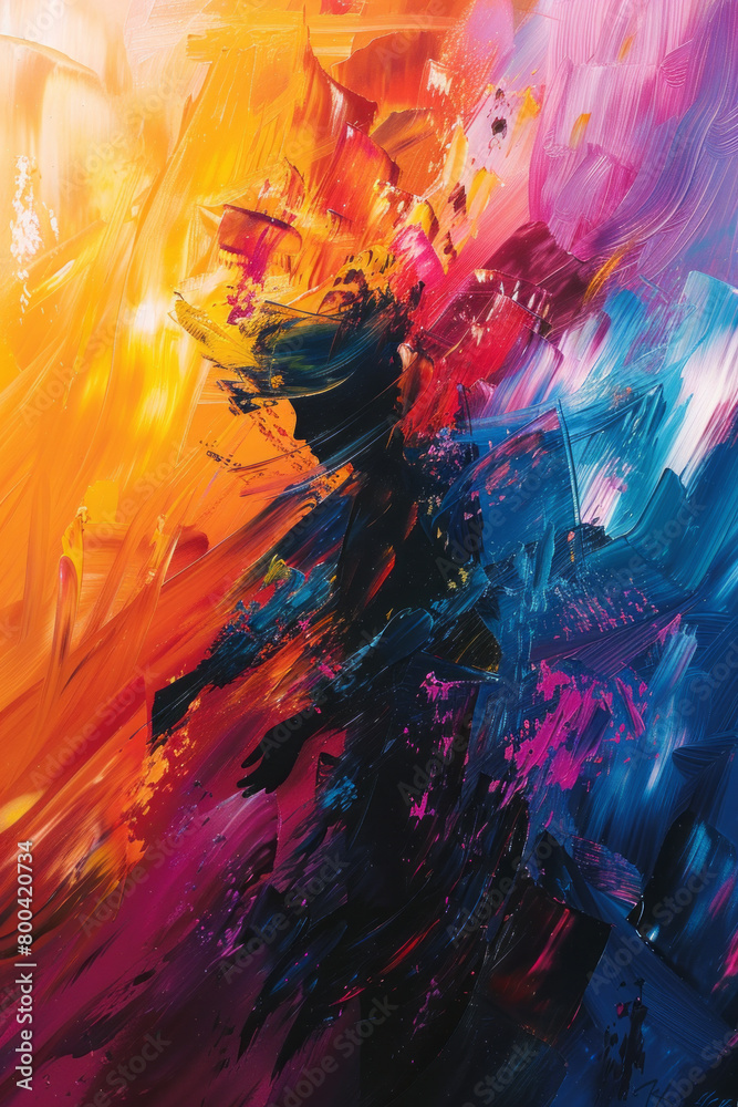 Poster a vibrant abstract painting of figures dancing in a circle, their movements creating waves of colors