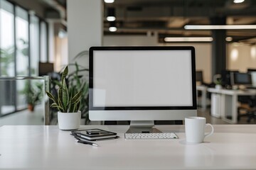 A white desk with a pc, coffee mug and pen on it. The screen is blank.