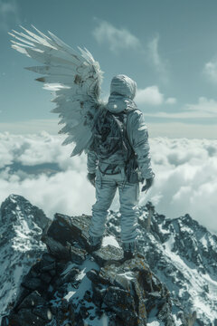 A surreal artwork of a human with bird wings standing atop a mountain, gazing into the distance, symbolizing the vision of a free future,