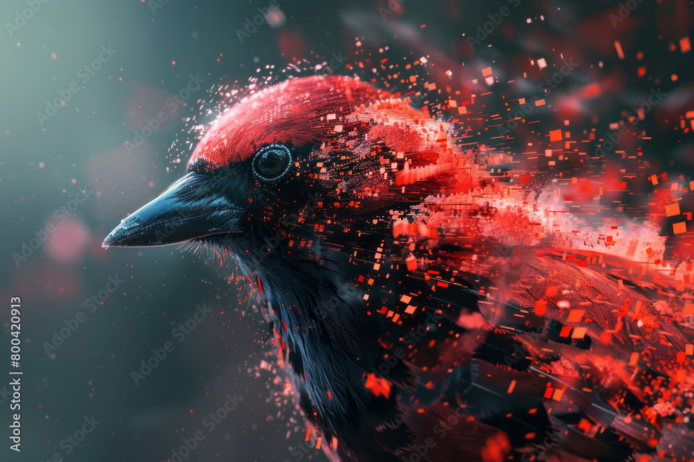 Poster a digital rendering of a bird morphing from digital pixels, symbolizing the modern struggle for digi
