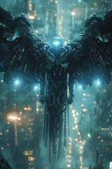 A futuristic portrayal of robotic wings breaking free from chains, blending technology and human desire for freedom,