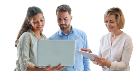 Modern business people are working using laptop and digital tablet while standing on a transparent background