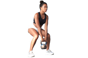 Sport woman with kettlebell on a transparent background