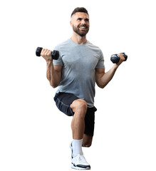 Fototapeta na wymiar Attractive sports man are working out with dumbbells on a transparent background