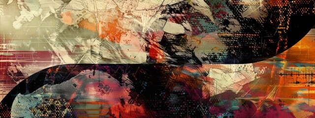 An abstract digital collage of fragmented shapes and textures creating a dynamic composition.