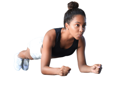 Portrait of a muscular woman on a plank position on a transparent background - Powered by Adobe