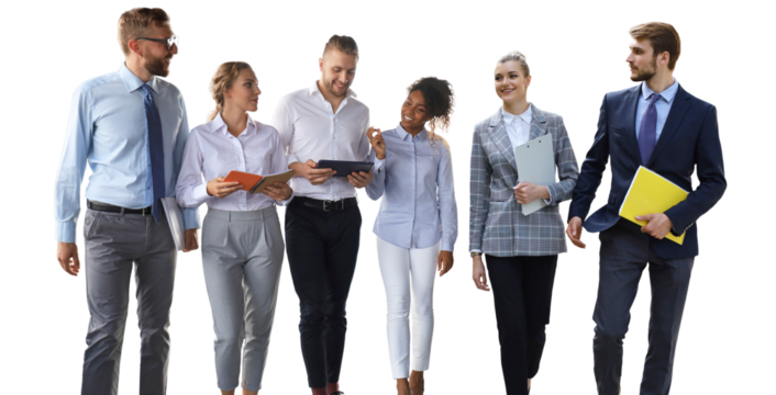 Modern business people discussing business and smiling while walking on a transparent background