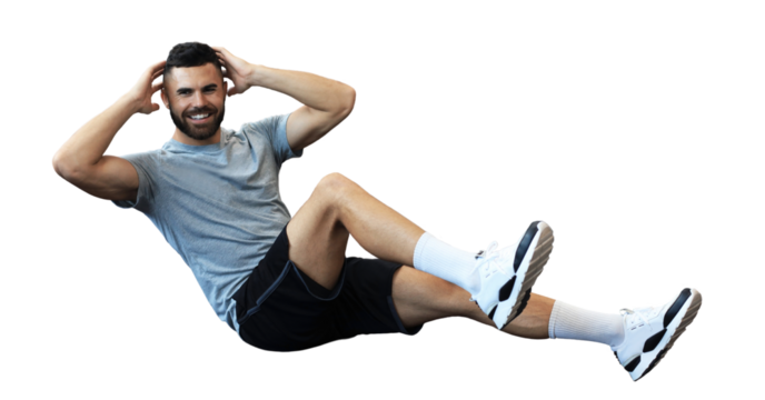 Attractive man working in pairs performing sit ups on a transparent background - Powered by Adobe