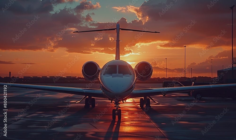 Wall mural private jet standing at an airport with setting sun traveling by aircraft airplane