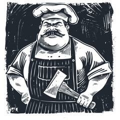 Fat mustachioed retro butcher, vector illustration