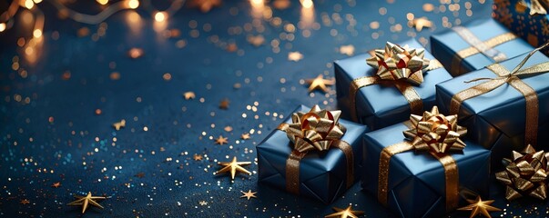 blue gifts with golden bows and ribbons placed on blue background near stars