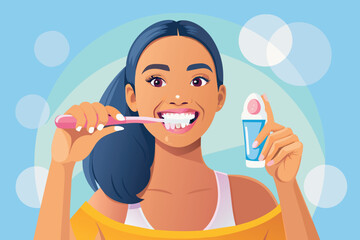 Young woman with toothpaste brushes her teeth-