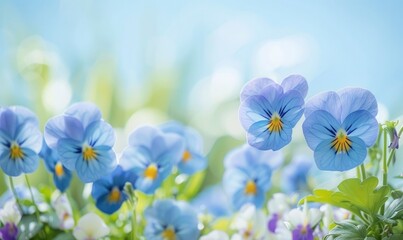 blue pansies in the foreground, white background, blue sky, blurred grasses and flowers