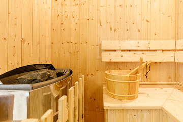 Small home wooden sauna, spa room. Relax in a hot sauna.