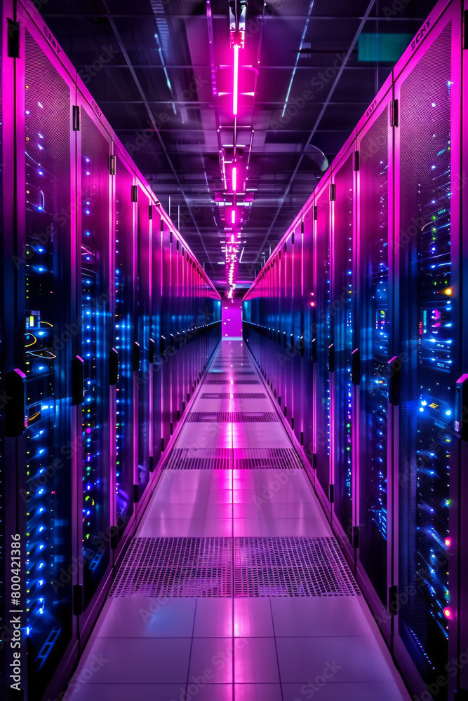 Poster A visualization of cloud computing infrastructure, with data centers and storage units interconnected,