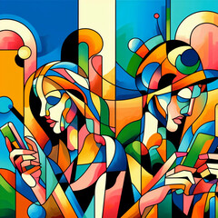 Two with phones. The picture is in a bright style.	