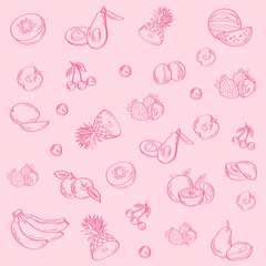 Berries and fruits drawing collection. Hand drawn berry and fruit sketch. Vector illustration. Engraved style. Vector fruits pattern. Fruits seamless background