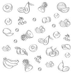 Berries and fruits drawing collection. Hand drawn berry and fruit sketch. Vector illustration. Engraved style. Vector fruits pattern. Fruits seamless background